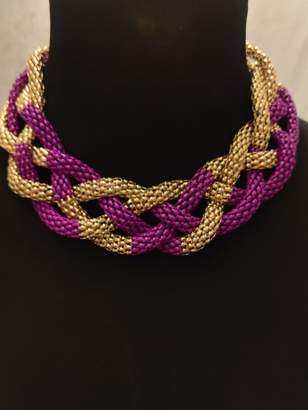 Statement Braided Mesh Chain Necklace Gold Tone & Fuchsia Pink Multi Strand